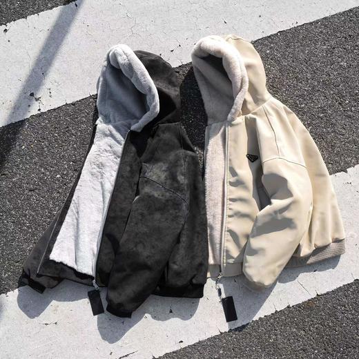 D112924美式复古荔枝纹水貂绒座山雕连帽棉服 商品图1