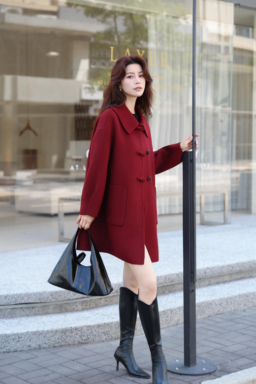 伯妮斯茵 | 高级感复古 立领盘扣双面呢大衣 软糯羊毛质感 百搭大气 年会宴会款 SZ6C08 胭脂色 商品图3