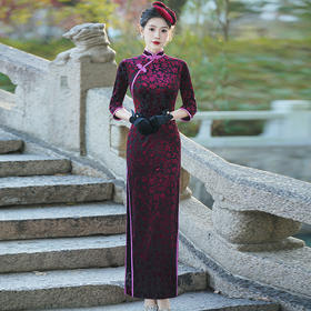 旗袍新款中国风丝绒长袖修身演出服2025优雅主持演出服宴会时尚裙