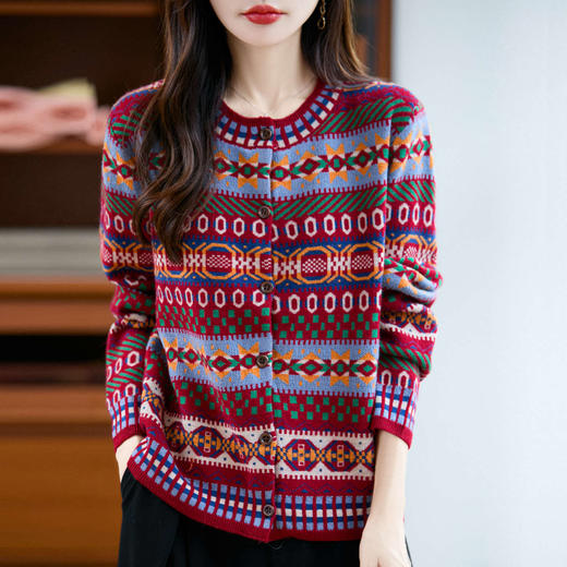 NJR---064-60休闲气质复古民族风正肩开衫外套女2025秋新款时尚提花针织毛衣 商品图3