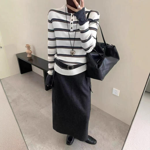 XMZ291女装秋季欧货条纹针织衫半开领打底衫百搭软糯上衣 商品图3