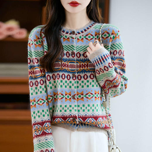 NJR---064-60休闲气质复古民族风正肩开衫外套女2025秋新款时尚提花针织毛衣 商品图4