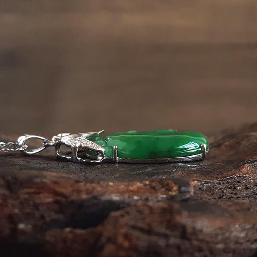 【天然正品】A货翡翠AU750白金镶钻镶天然细腻满绿糯种如意（万事如意）翡翠吊坠项链43.3*18.8*5.6MM（皆取最大值）链长：45CM（长度可调节）女士141125AH27 商品图6