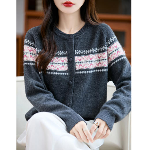 NJR---066时尚气质复古撞色提花针织圆领开衫女秋冬季新款宽松软糯休闲毛衣 商品图3