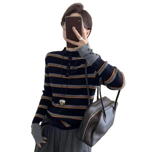 XMZ291女装秋季欧货条纹针织衫半开领打底衫百搭软糯上衣 商品图4