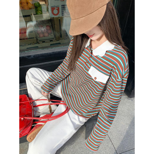 <曾小咸推荐> 现货秒杀！微信超特价！咖绿色条纹长袖t恤 日常159.99 立减80 秒杀79.99！ 商品图1