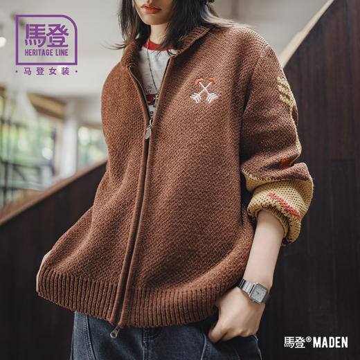 马登印第安复古咖色加厚针织双头拉链翻领刺绣毛衣开衫外套秋冬女 商品图0