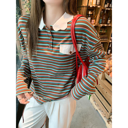 <曾小咸推荐> 现货秒杀！微信超特价！咖绿色条纹长袖t恤 日常159.99 立减80 秒杀79.99！ 商品图4