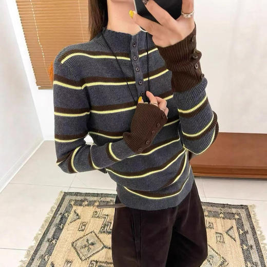 XMZ291女装秋季欧货条纹针织衫半开领打底衫百搭软糯上衣 商品图1