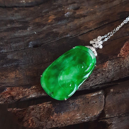 【天然正品】A货翡翠AU750收藏级白金镶钻镶天然细腻满绿冰种如意（万事如意）翡翠吊坠项链34.0*15.3*4.1MM（皆取最大值）链长：45CM（长度可调节）女士141125TJ47 商品图5