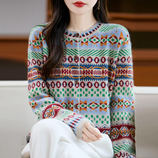 NJR---064-60休闲气质复古民族风正肩开衫外套女2025秋新款时尚提花针织毛衣 商品图0