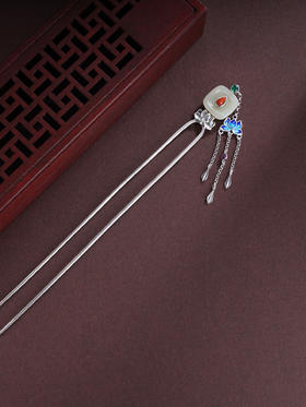 子佩集S925银【羡莲清韵】发簪【TS00094】纯银仿古珐琅彩和田玉2412