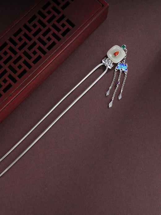 子佩集S925银【羡莲清韵】发簪【TS00094】纯银仿古珐琅彩和田玉2412 商品图0