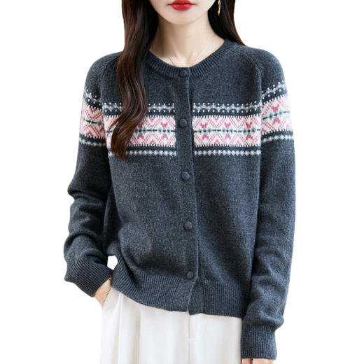 NJR---066时尚气质复古撞色提花针织圆领开衫女秋冬季新款宽松软糯休闲毛衣 商品图4