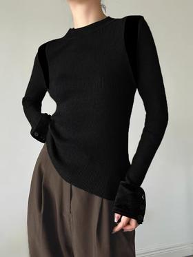 【清仓价】不参与退换 -25276针织拼金丝绒袖口三粒扣小衫-喜出