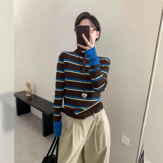 XMZ291女装秋季欧货条纹针织衫半开领打底衫百搭软糯上衣 商品图2
