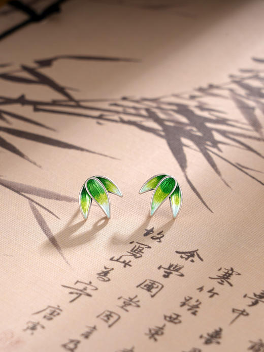 子佩集S925银【竹影清幽】耳钉【ES00269】纯银竹叶珐琅彩2412 商品图0