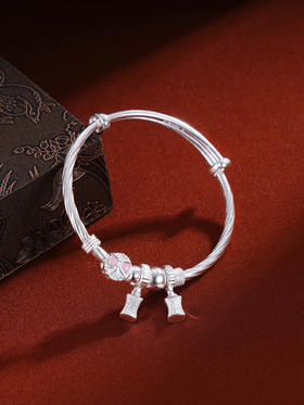 子佩集S999银【甜心公主】童镯【WT000160】纯银儿童粉色蝴蝶结2411