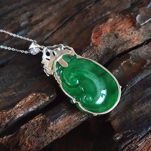 【天然正品】A货翡翠AU750白金镶钻镶天然细腻满绿糯种如意（万事如意）翡翠吊坠项链43.3*18.8*5.6MM（皆取最大值）链长：45CM（长度可调节）女士141125AH27 商品图5