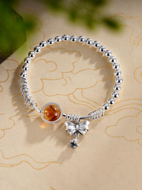 子佩集S925银【花开成诗】手串【TSB0001-43】纯银手链黄色琥珀蝴蝶结2411