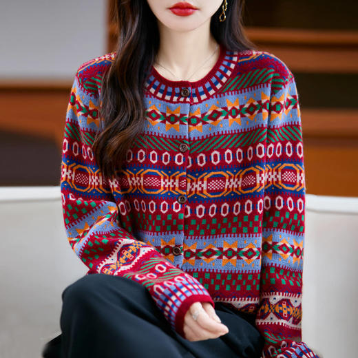 NJR---064-60休闲气质复古民族风正肩开衫外套女2025秋新款时尚提花针织毛衣 商品图1