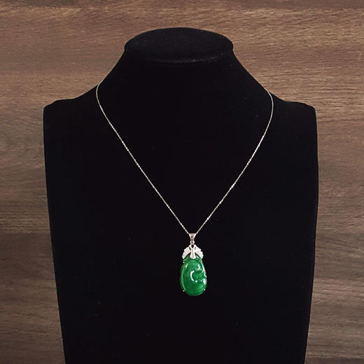 【天然正品】A货翡翠AU750白金镶钻镶天然细腻满绿糯种如意（万事如意）翡翠吊坠项链43.3*18.8*5.6MM（皆取最大值）链长：45CM（长度可调节）女士141125AH27 商品图8