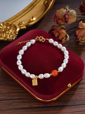 子佩集S925银珍珠手链【SL11627】纯银玛瑙镀金发财牌2412