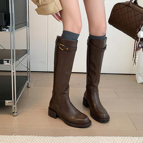 【预售7天】不过膝高筒靴女V口显瘦厚底长筒靴真皮圆头粗跟骑士靴KK9564
