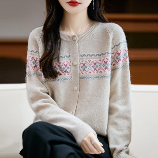 NJR---066时尚气质复古撞色提花针织圆领开衫女秋冬季新款宽松软糯休闲毛衣 商品图2