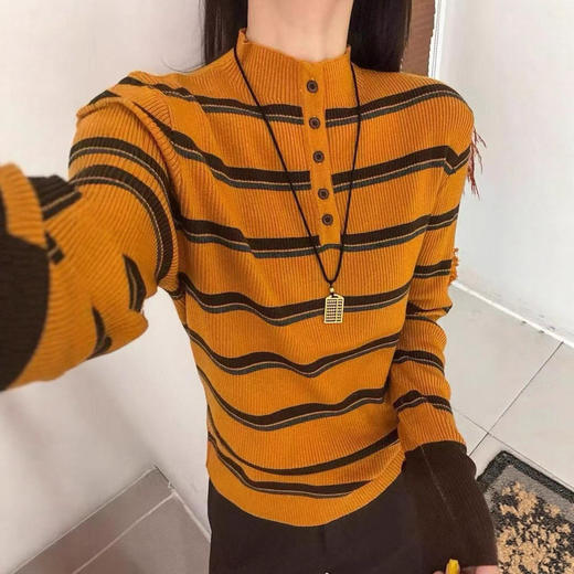 XMZ291女装秋季欧货条纹针织衫半开领打底衫百搭软糯上衣 商品图0