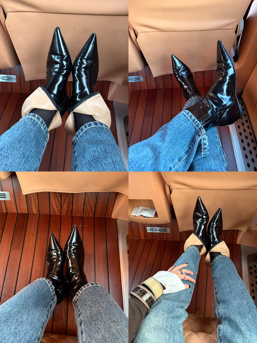 HIDEMI经典复古美拉德风开边珠牛皮尖头切尔西短靴内增高中缝踝靴 商品图3