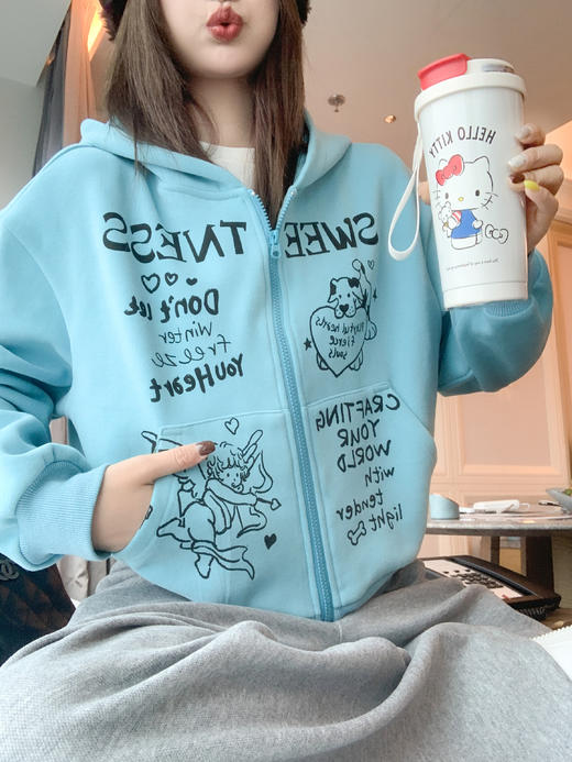<曾小咸推荐>现货秒杀！微信超特价！蓝色连帽拉链短款卫衣加绒 日常229.99 立减100 秒杀129.99！ 商品图5