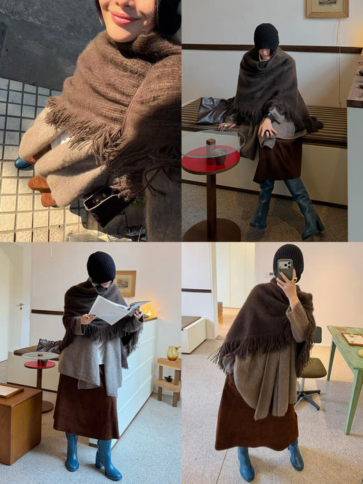 HIDEMI 大秀款藏地可溯源牦牛绒拉毛长拉绒系列流苏不对称加厚大斗篷针织毛衣双层双面加厚外套 商品图2