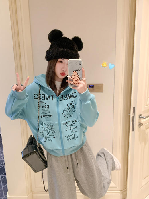 <曾小咸推荐>现货秒杀！微信超特价！蓝色连帽拉链短款卫衣加绒 日常229.99 立减100 秒杀129.99！ 商品图10