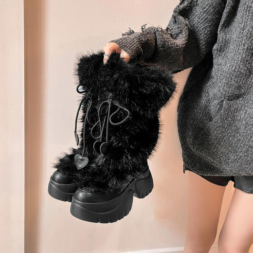 BZ268-33 女士毛毛温柔时尚2025年秋冬圆头松糕底高跟中筒短靴子吸睛时装靴 商品图1