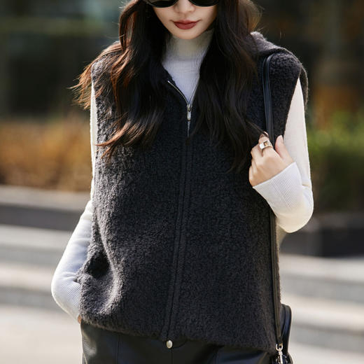 丁摩 100%纯羊毛马甲女外搭拉链连帽背心  PY-5158 商品图1
