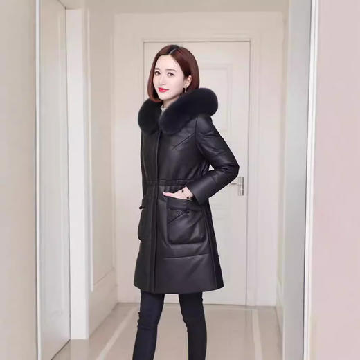 丁摩 海宁真皮皮衣女连帽中长款真皮羽绒服绵羊皮皮草外套z2402 商品图2