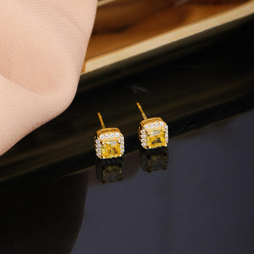 丁摩 s925纯银小方糖耳钉女黄水晶钻设计感耳环镀18k金5ZF-1358 商品图3