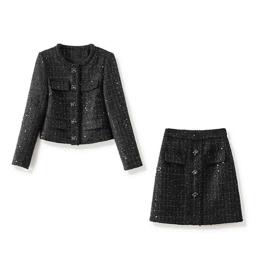 「高货wl」全新升级【铂金会员441/天猫599/差价158】(99349)洛诗琳2025秋冬气质小香风亮片羊毛外套A字半身裙两件套 商品图2