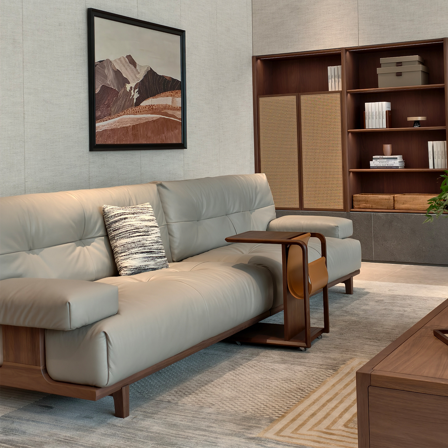 【中古风-ZG202沙发】黑胡桃/真皮/客厅/四人位皮沙发