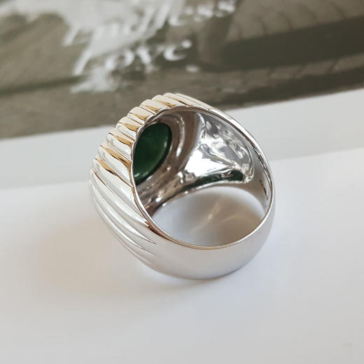 【天然正品】AU750收藏级白金镶钻镶天然细腻老坑油青冰种蛋面翡翠宽版戒指141125AH39 商品图6