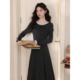 鹿向南「雾屿静语」黑色设计感长袖连衣裙女秋冬新款叠穿气质长裙