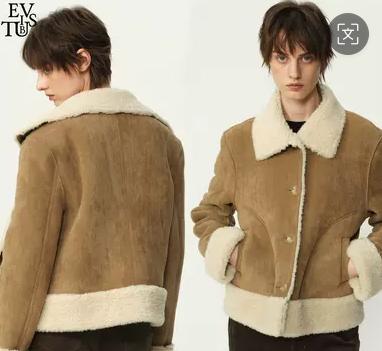 Evistub girls/E-5DWT1438/复古麂皮羊羔毛拼接休闲合身正肩翻领短款外套女秋冬 商品图0