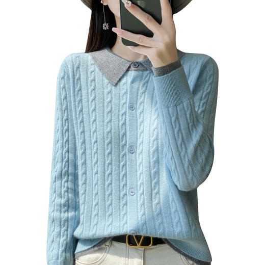 丁摩 100%纯羊毛秋冬新款女POLO领小麻花短款拼色针织开衫打底外套上衣5ZF-309 商品图4