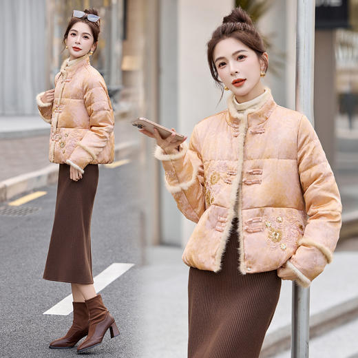 新中式重工刺绣，拼水貂毛羽绒服保暖外套HR-BBL5211 商品图2