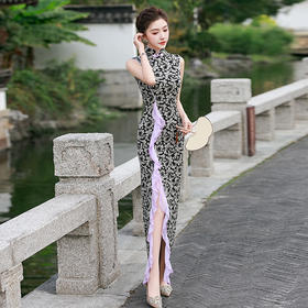 YD-4000走秀旗袍2025新款高弹力春秋演出短袖修身旗袍年会舞台走秀波浪边