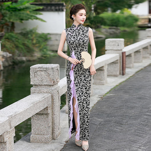 YD-4000走秀旗袍2025新款高弹力春秋演出短袖修身旗袍年会舞台走秀波浪边 商品图1