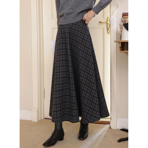 鹿向南「旧意柔褶」复古慵懒风格纹半身裙女2025秋冬中长款A字裙 商品图0