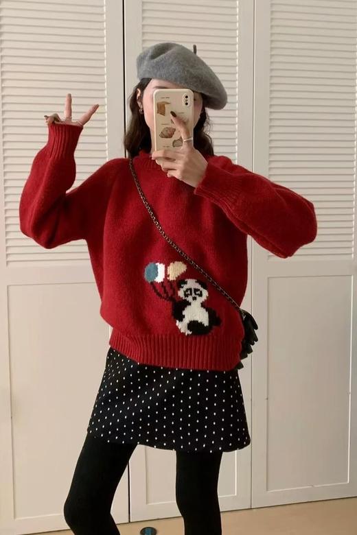 LNNNS 新年红趣味熊猫图案休闲羊毛毛衣 21882 商品图4