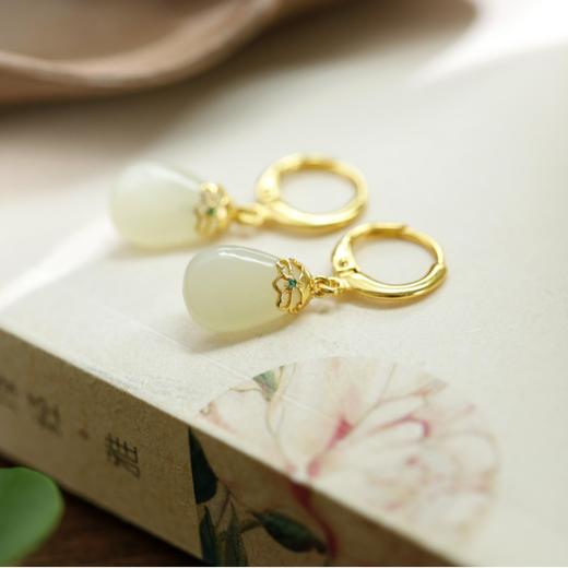 丁摩 天然和田青玉耳环耳扣女足银玉石耳坠复古精致水滴耳饰5ZF-55133 商品图2